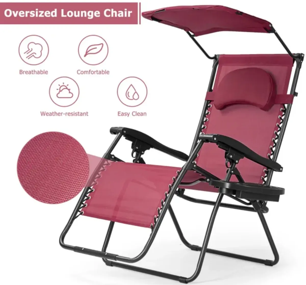 Hivvago Folding Recliner Lounge Chair with Shade Canopy Cup Holder