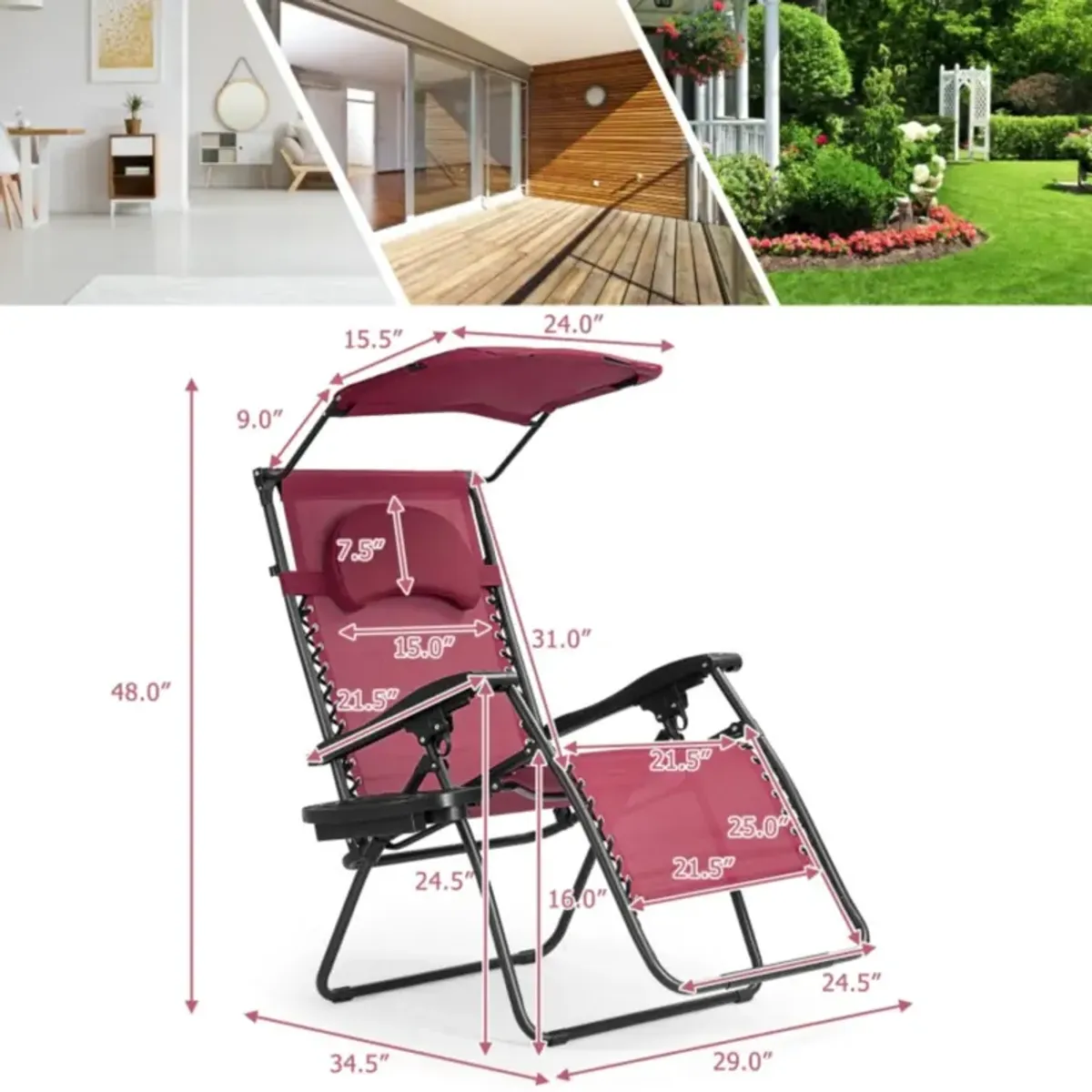 Hivvago Folding Recliner Lounge Chair with Shade Canopy Cup Holder