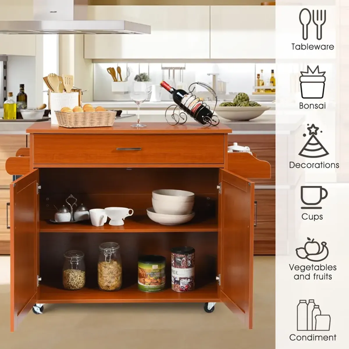 Rolling Kitchen Island Cart with Towel and Spice Rack