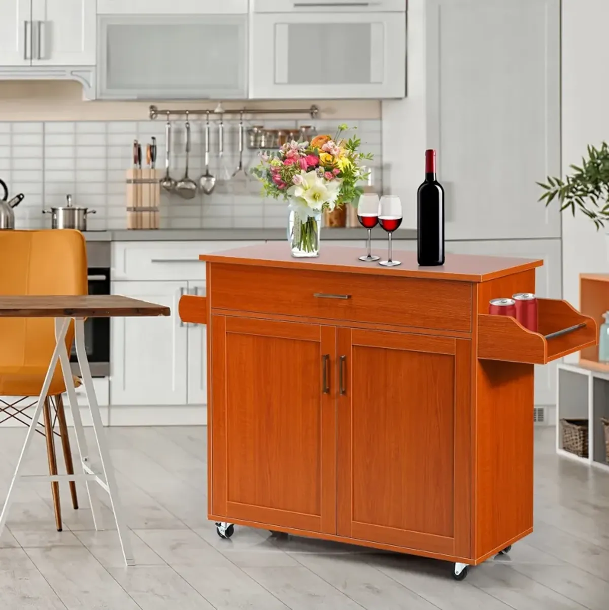 Rolling Kitchen Island Cart with Towel and Spice Rack