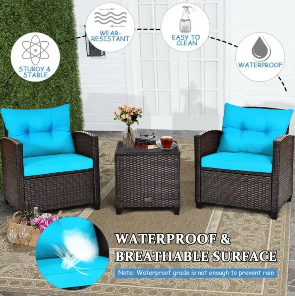 Hivvago 3 Pieces Rattan Patio Furniture Set with Washable Cushion