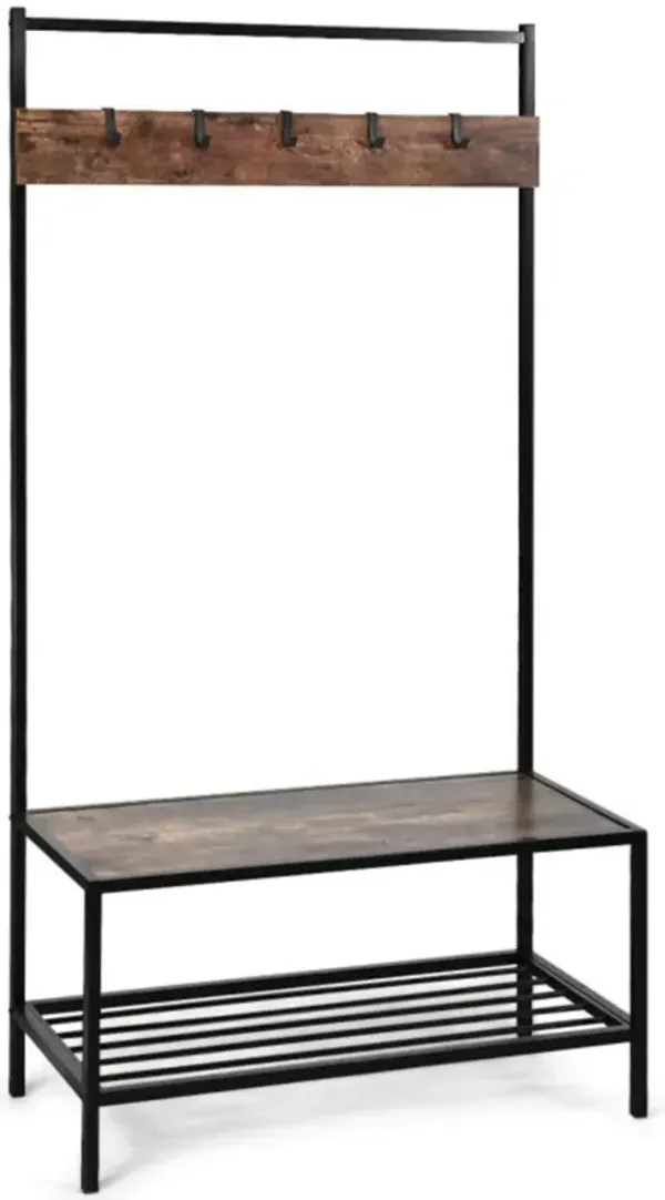 Hivvago 3-in-1 Industrial Coat Rack with 2-tier Storage Bench and 5 Hooks