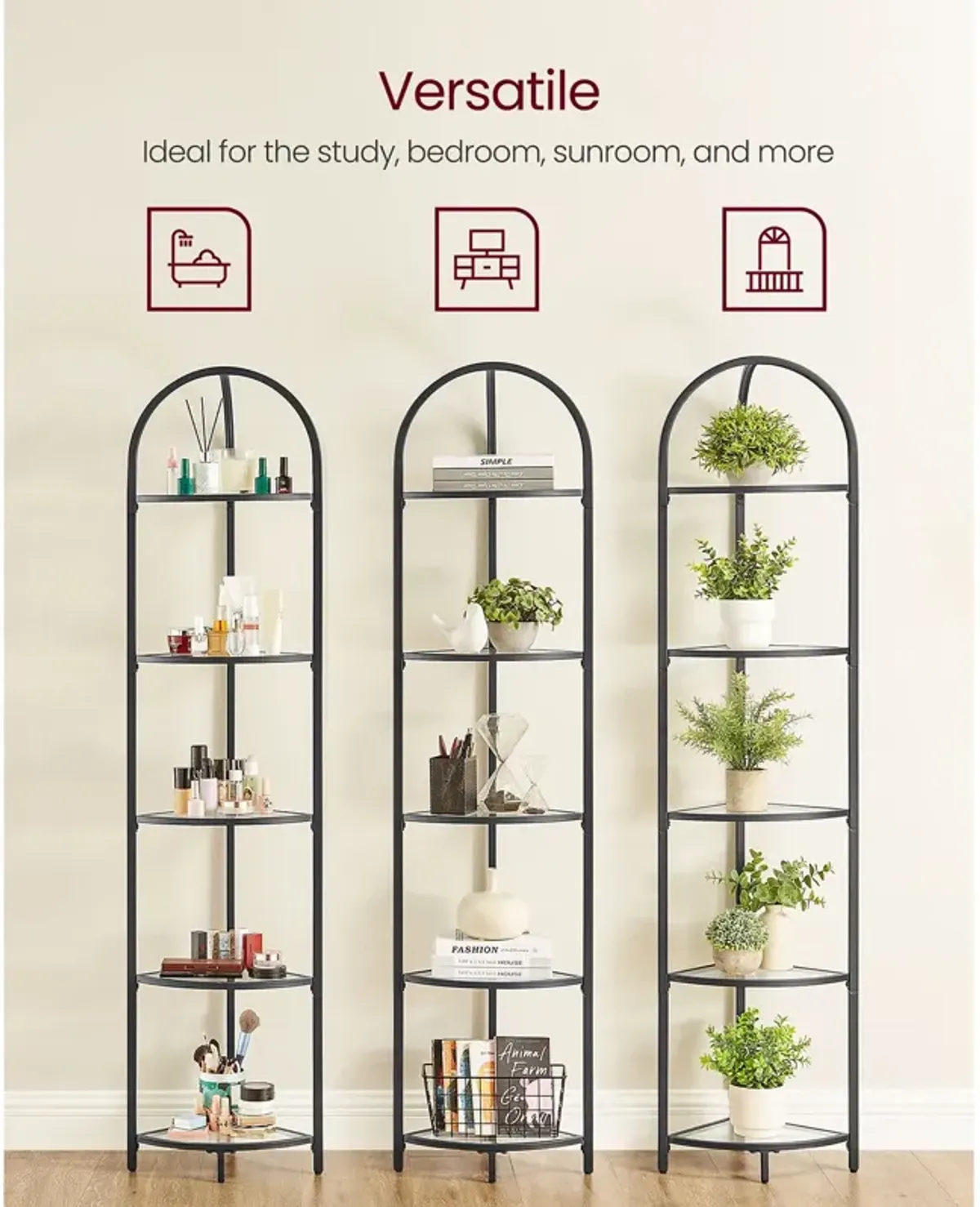 Contemporary 5-Tier Corner Shelf Stylish Tempered Glass Storage