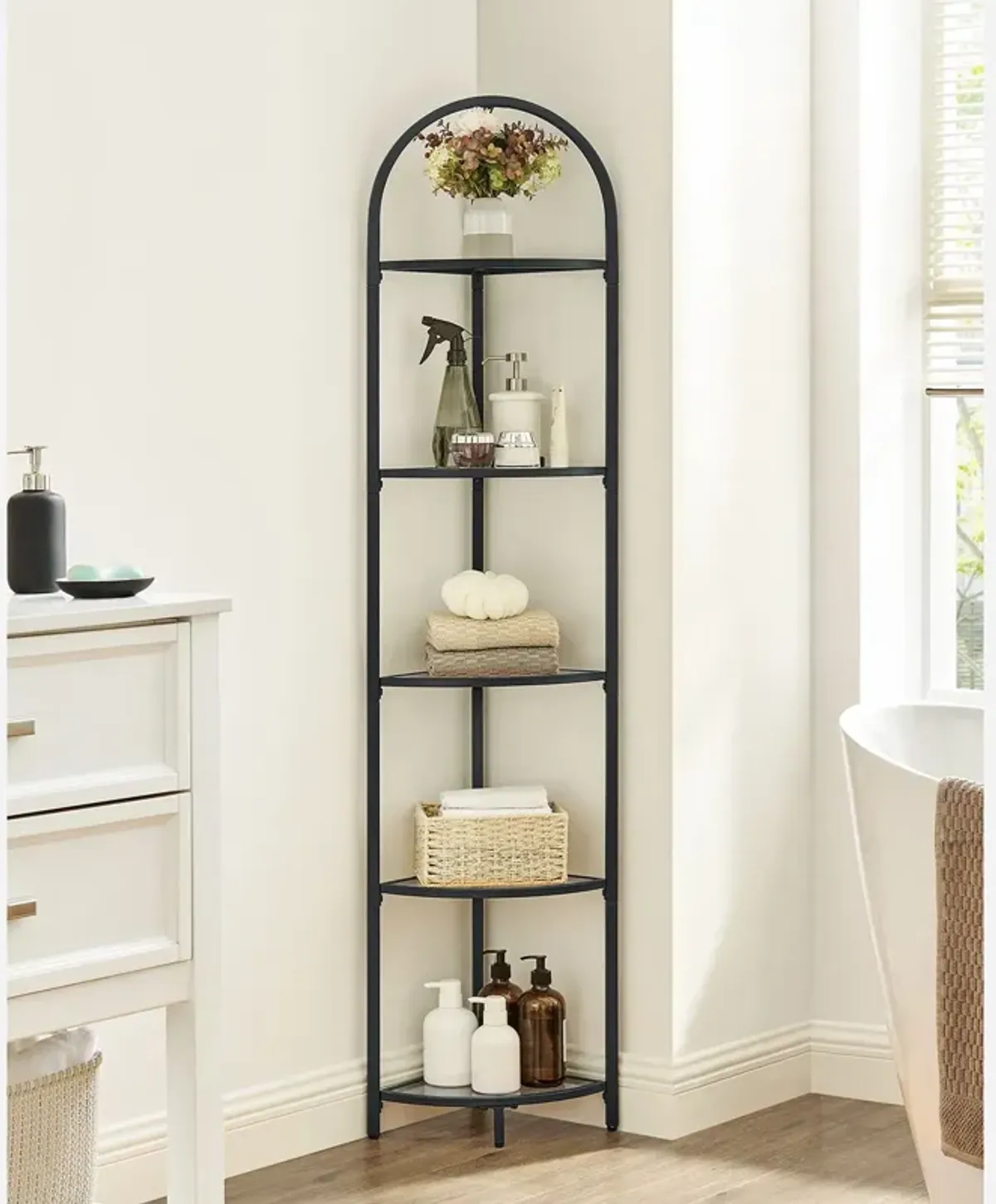 Contemporary 5-Tier Corner Shelf Stylish Tempered Glass Storage