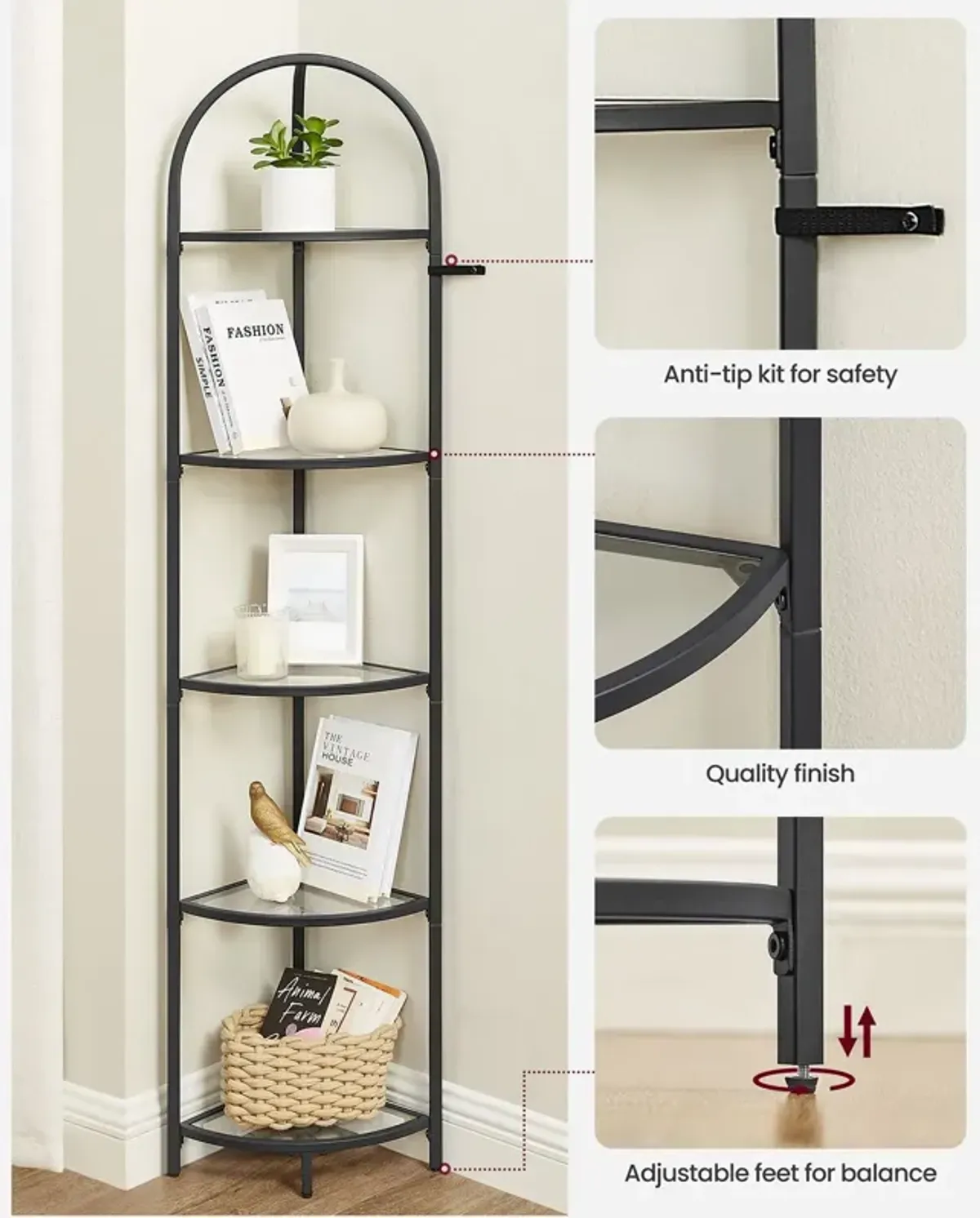 Contemporary 5-Tier Corner Shelf Stylish Tempered Glass Storage