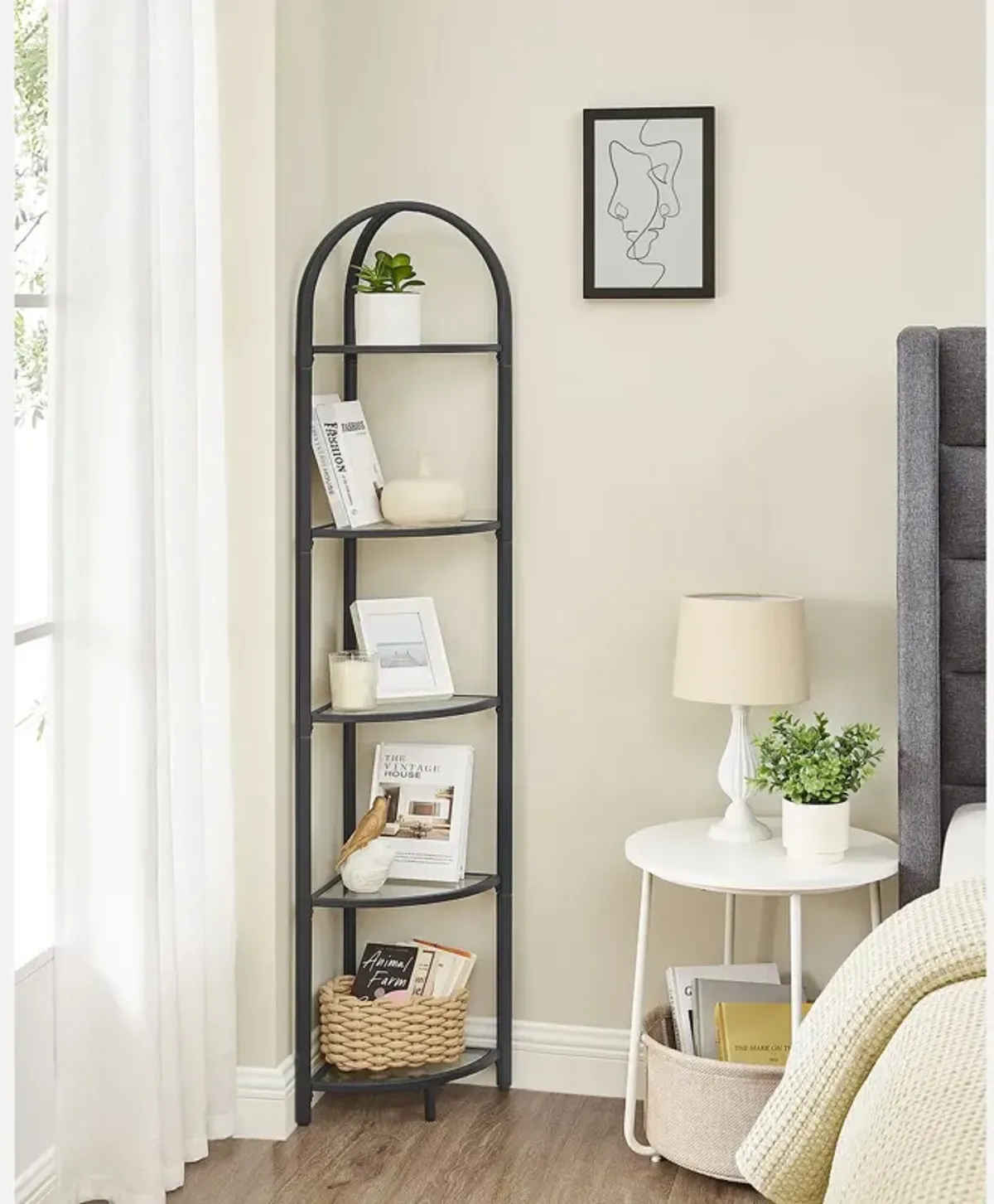 Contemporary 5-Tier Corner Shelf Stylish Tempered Glass Storage