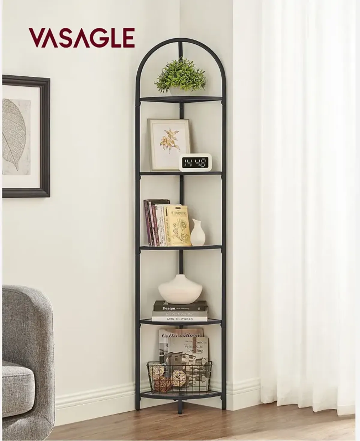 Contemporary 5-Tier Corner Shelf Stylish Tempered Glass Storage