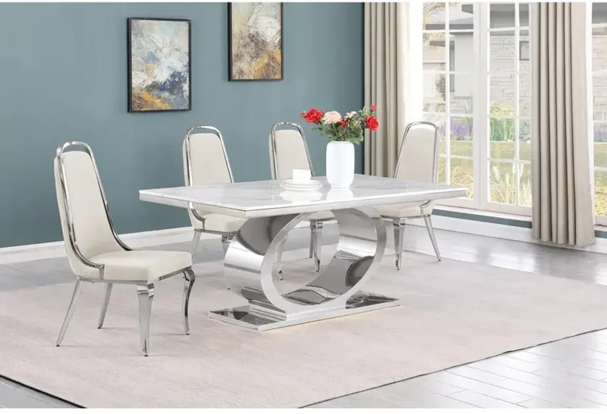 5pc Small(68") marble top dining set with silver base and 4 Cream side chairs
