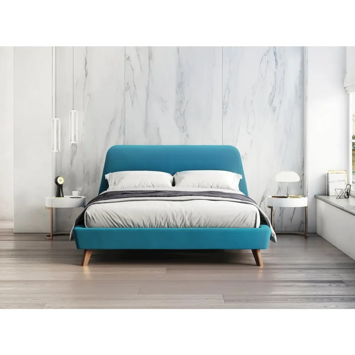 Omax Decor Henry Wood and Fabric Upholstered Queen Platform Bed in Blue