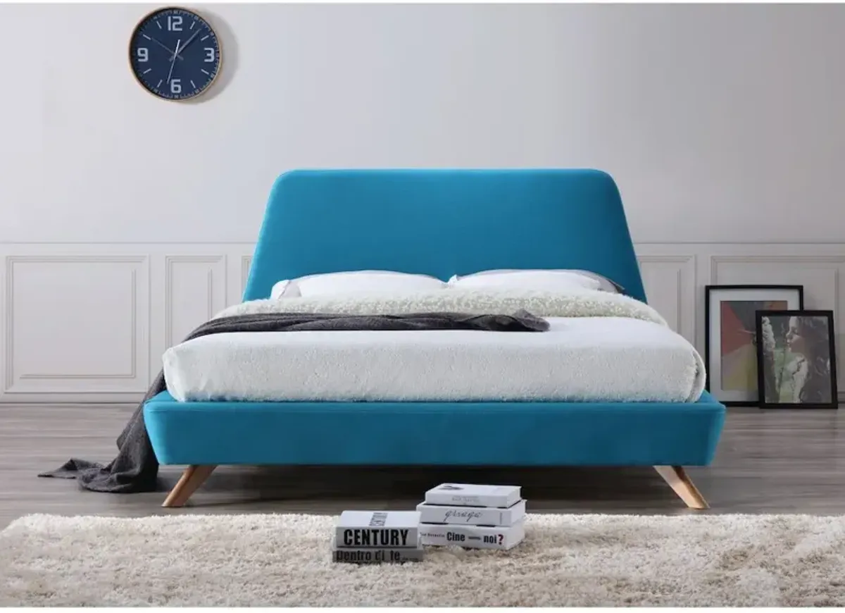 Omax Decor Henry Wood and Fabric Upholstered Queen Platform Bed in Blue