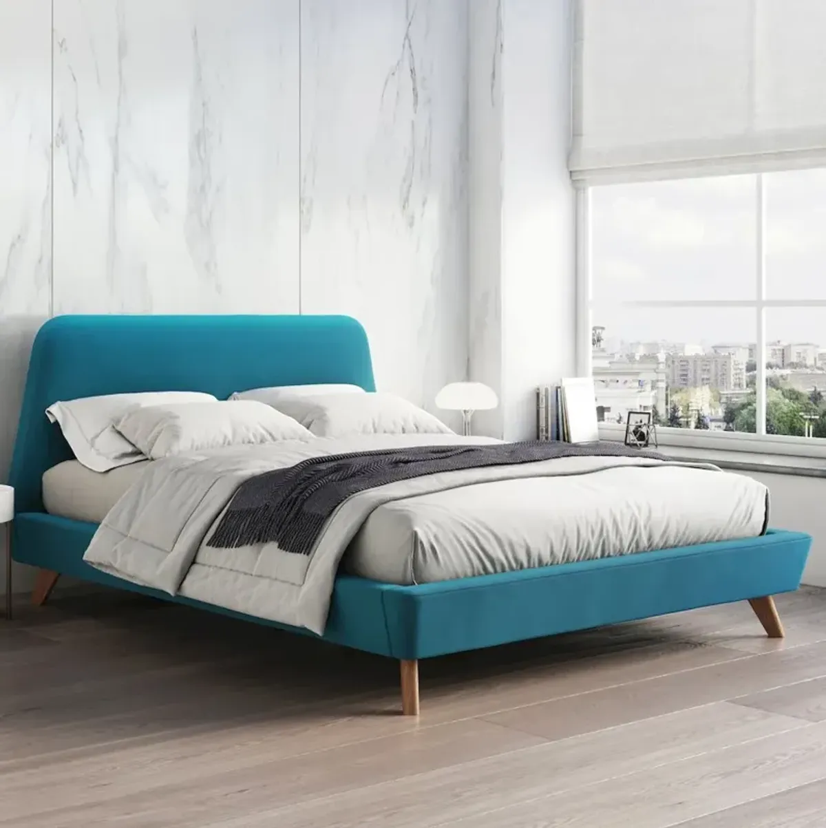 Omax Decor Henry Wood and Fabric Upholstered Queen Platform Bed in Blue