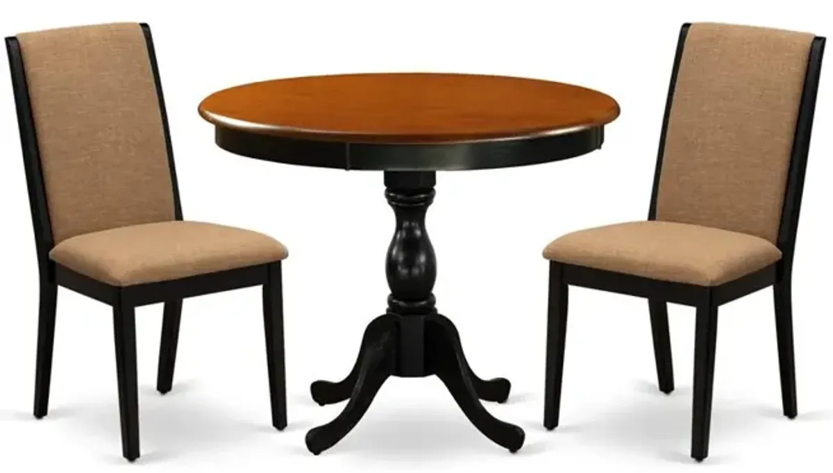 East West Furniture 3-Pc Dining Room Table Set Consists of a Dining Table and 2 Light Sable Linen Fabric Parsons Chairs with High Back - Black Finish