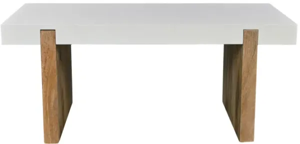 Kerry 38 Inch Mango Wood Coffee Table, Rectangular, Sled Base, Glossy White, Natural Brown-Benzara