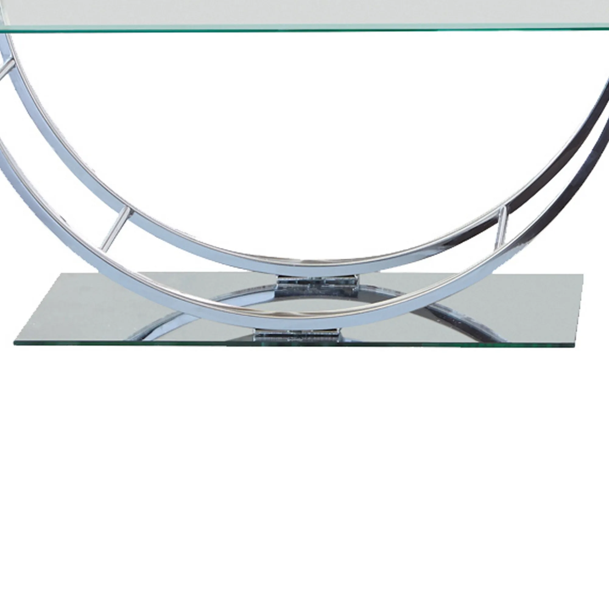 Tempered Glass Top Coffee Table with U Shape Metal Frame, Chrome and Clear-Benzara