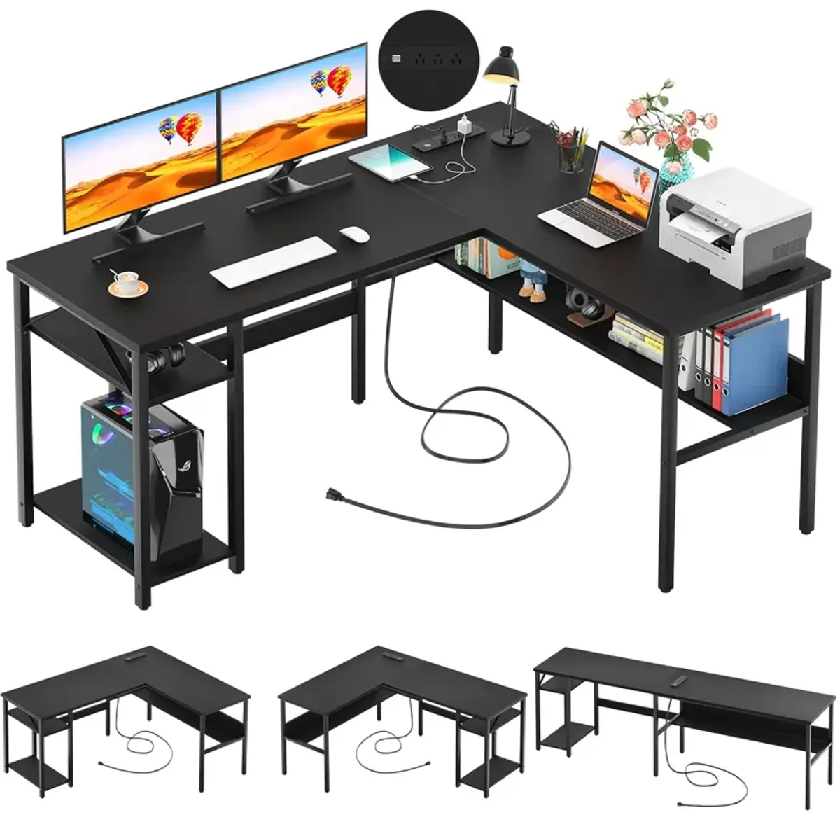 Unikito Reversible L Shaped Desk with Magic Power Outlets and USB Charging Ports, Sturdy Corner Computer Desk with Storage Shelv