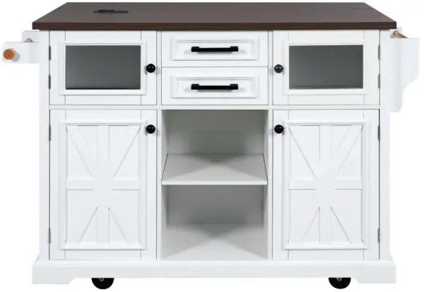 Merax Kitchen Island with Drop Leaf & Power Outlet - Rolling Storage Cart with 4 Doors 4 Wheels for Mobile Kitchen Organization