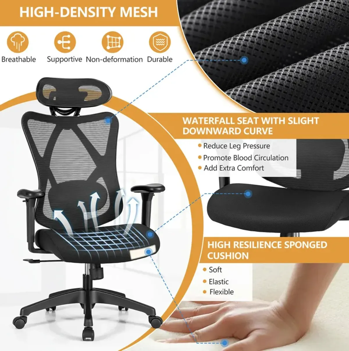 Costway Reclining Mesh Office Chair Swivel Chair w/ Adjustable Lumbar Support