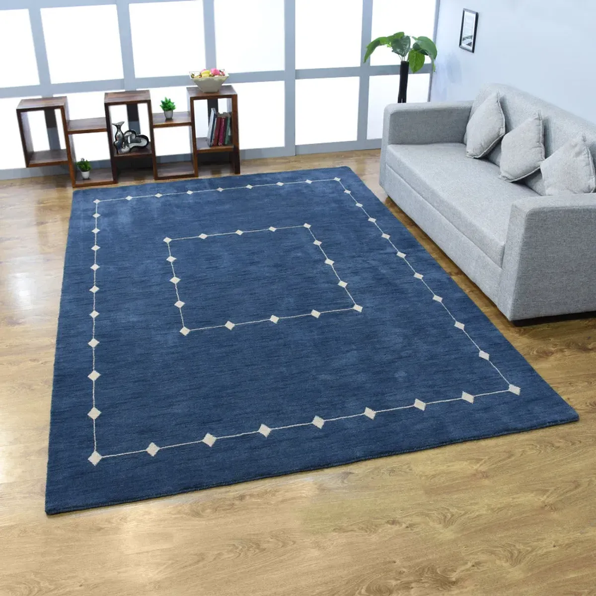 RUGSOTIC CARPETS HAND KNOTTED LOOM WOOL ECO-FRIENDLY AREA RUGS  - 6'4''x9'7'', Rectangle, Blue Color, Geometric Modern Design, High Pile Thick Handmade Anti Skid Rugs for Living Room (L00532)
