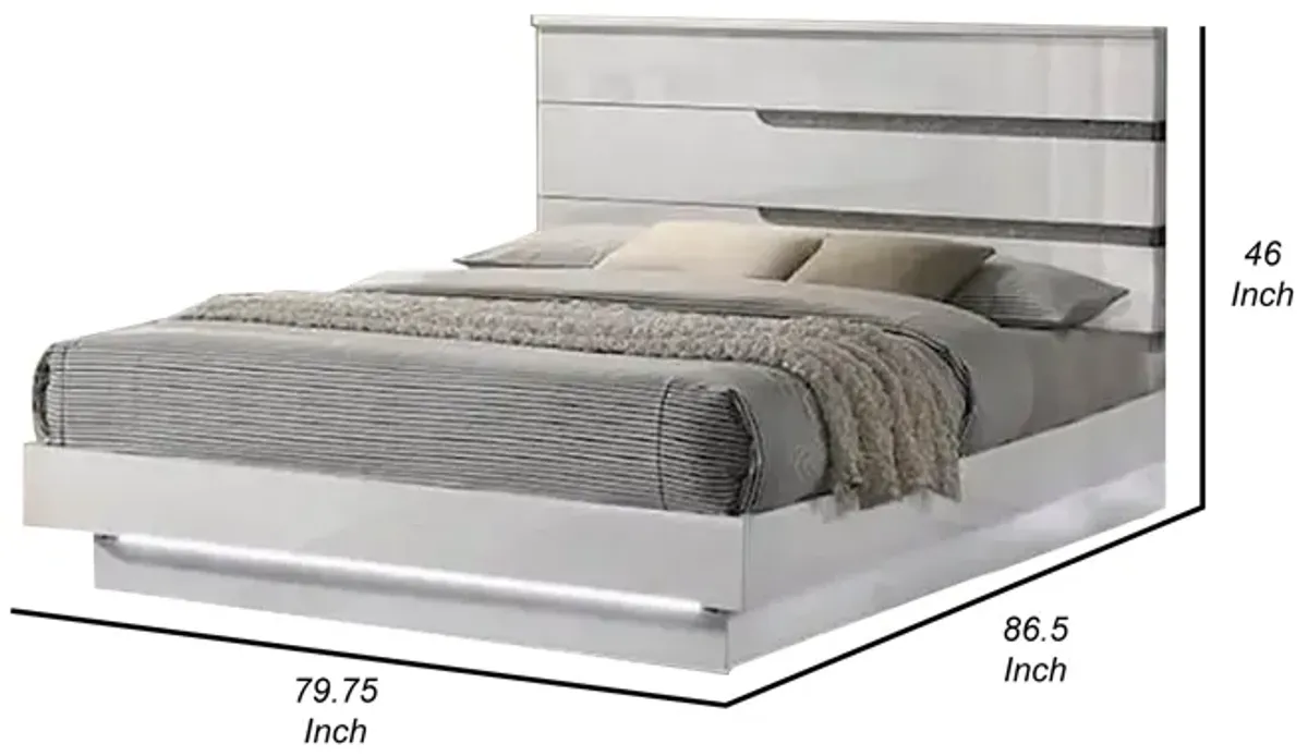 Peis King Size Bed, LED, Crystal Accents, Modern Design, Glossy White - Benzara