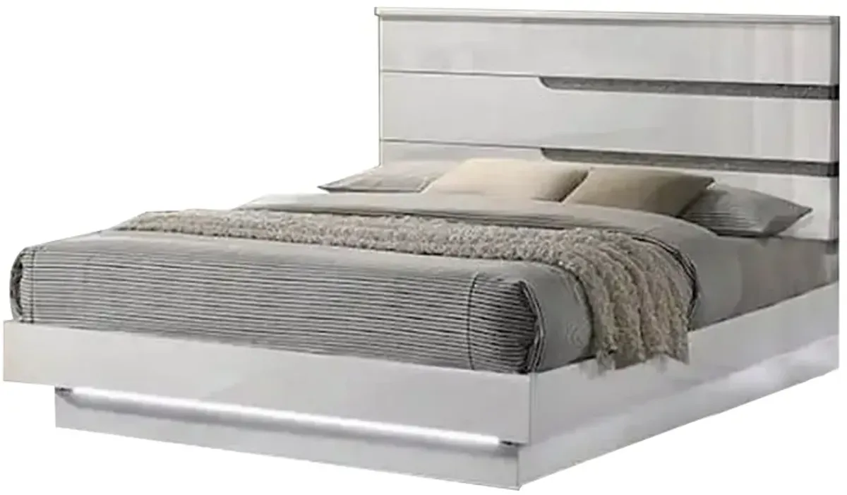 Peis King Size Bed, LED, Crystal Accents, Modern Design, Glossy White - Benzara