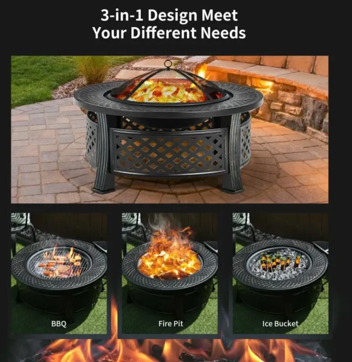 Hivvago Outdoor Fire Pit with BBQ Grill and High-temp Resistance Finish