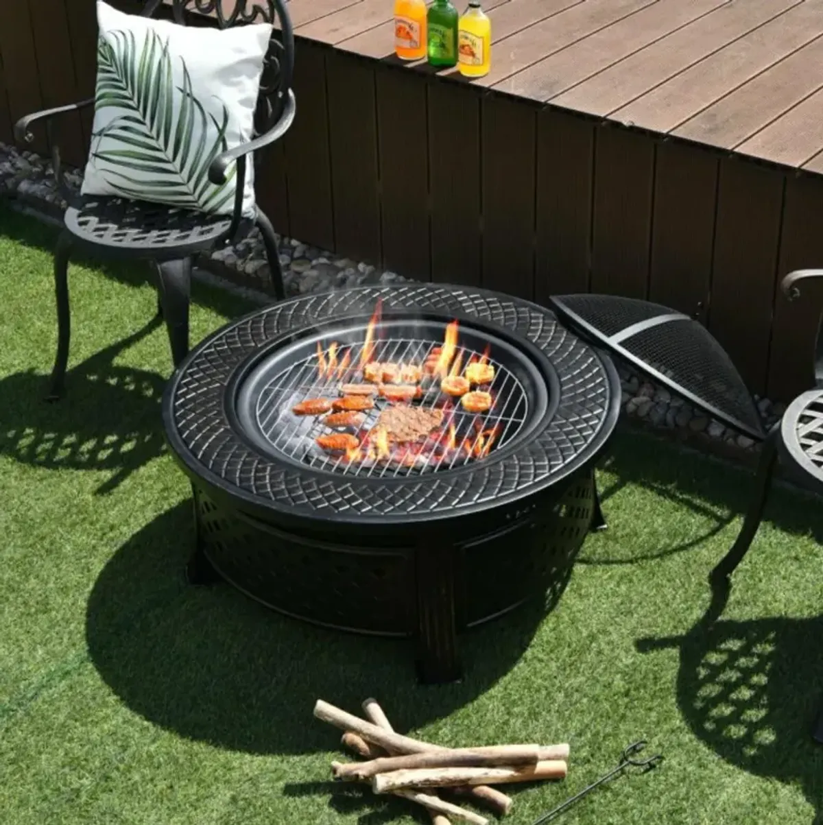 Hivvago Outdoor Fire Pit with BBQ Grill and High-temp Resistance Finish