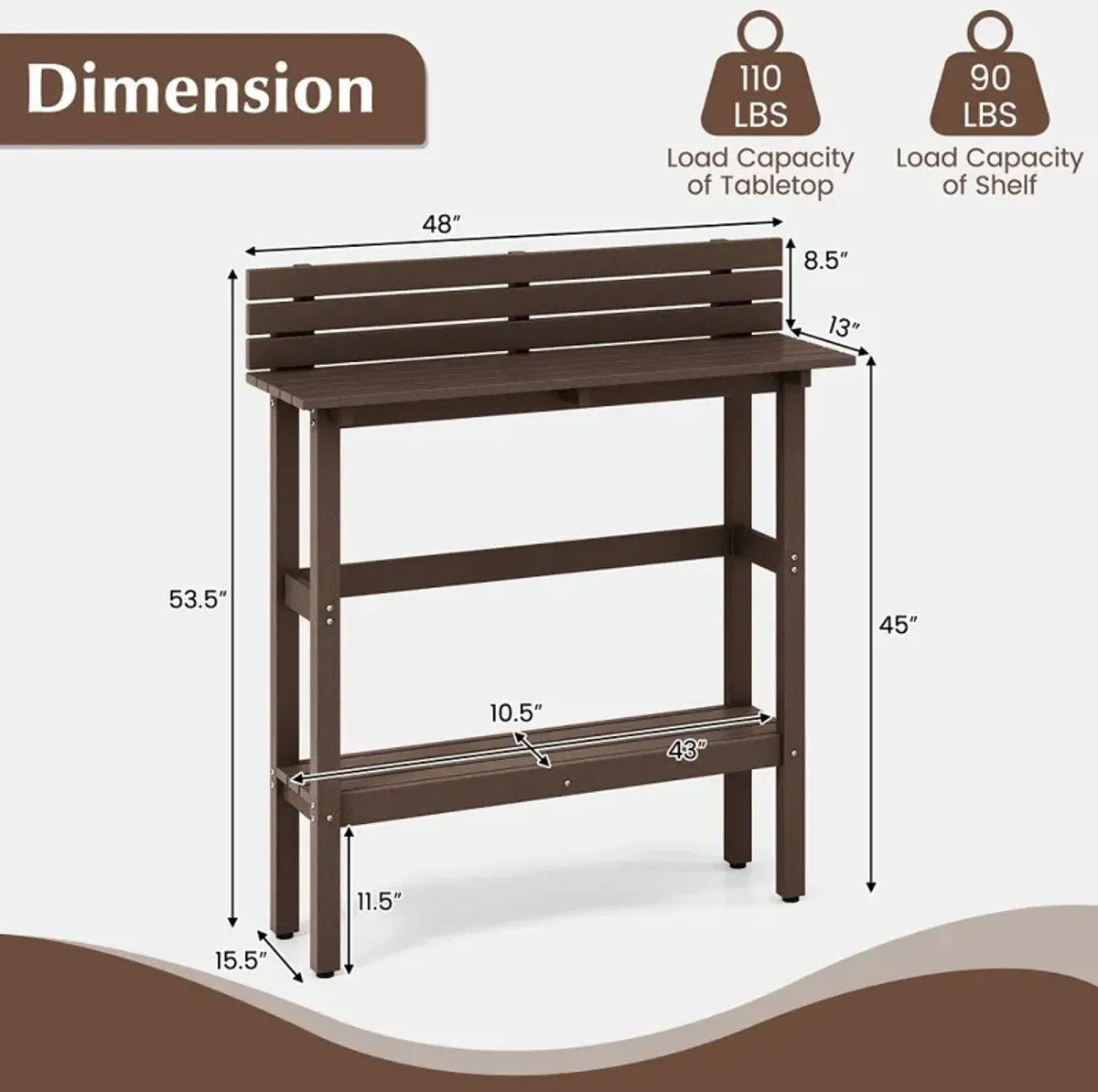 48" Patio Pub Height Table with Storage Shelf and Adjustable Foot Pads