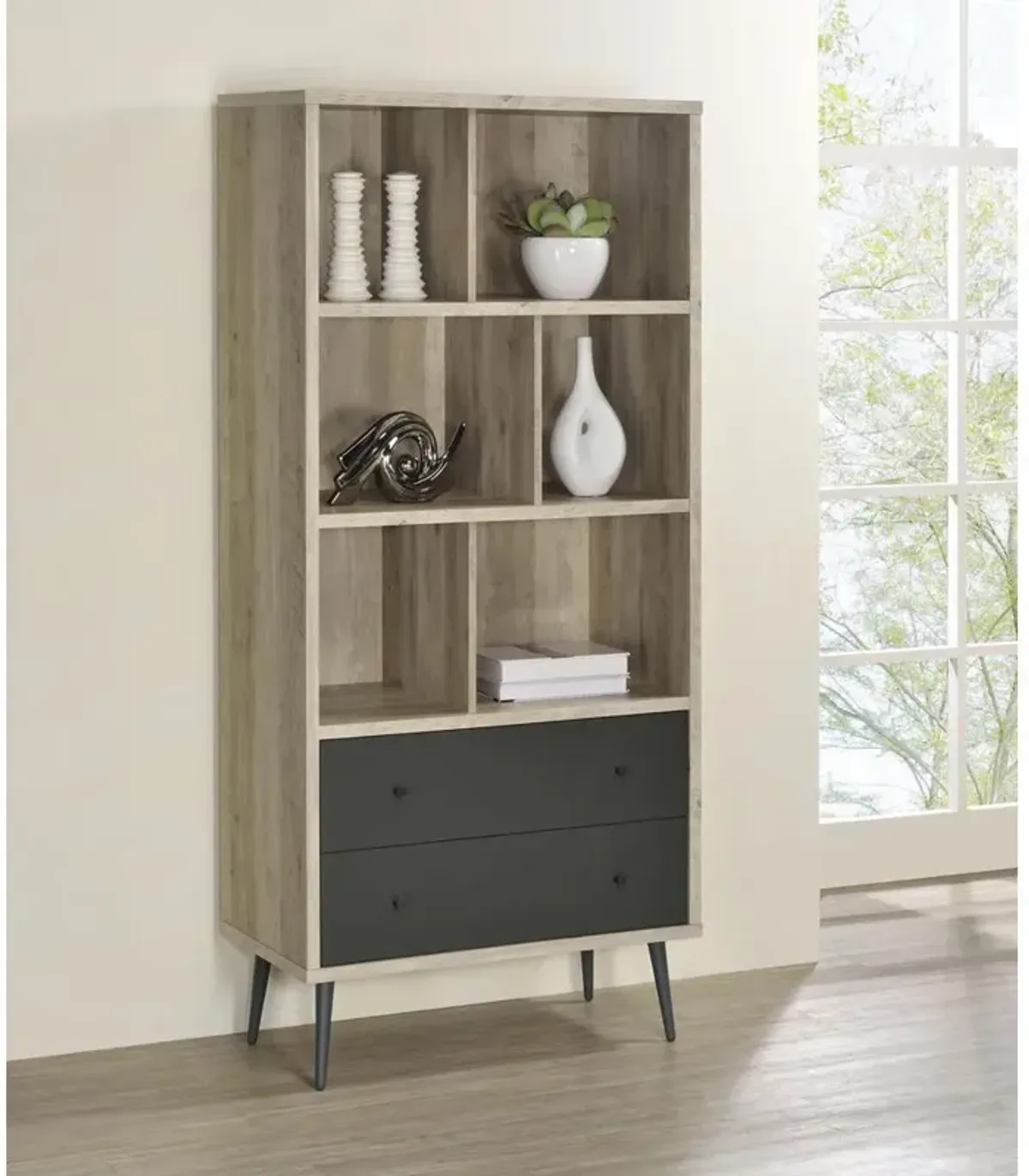 Maeve 3-shelf Engineered Wood Bookcase with Drawers Antique Pine and Grey