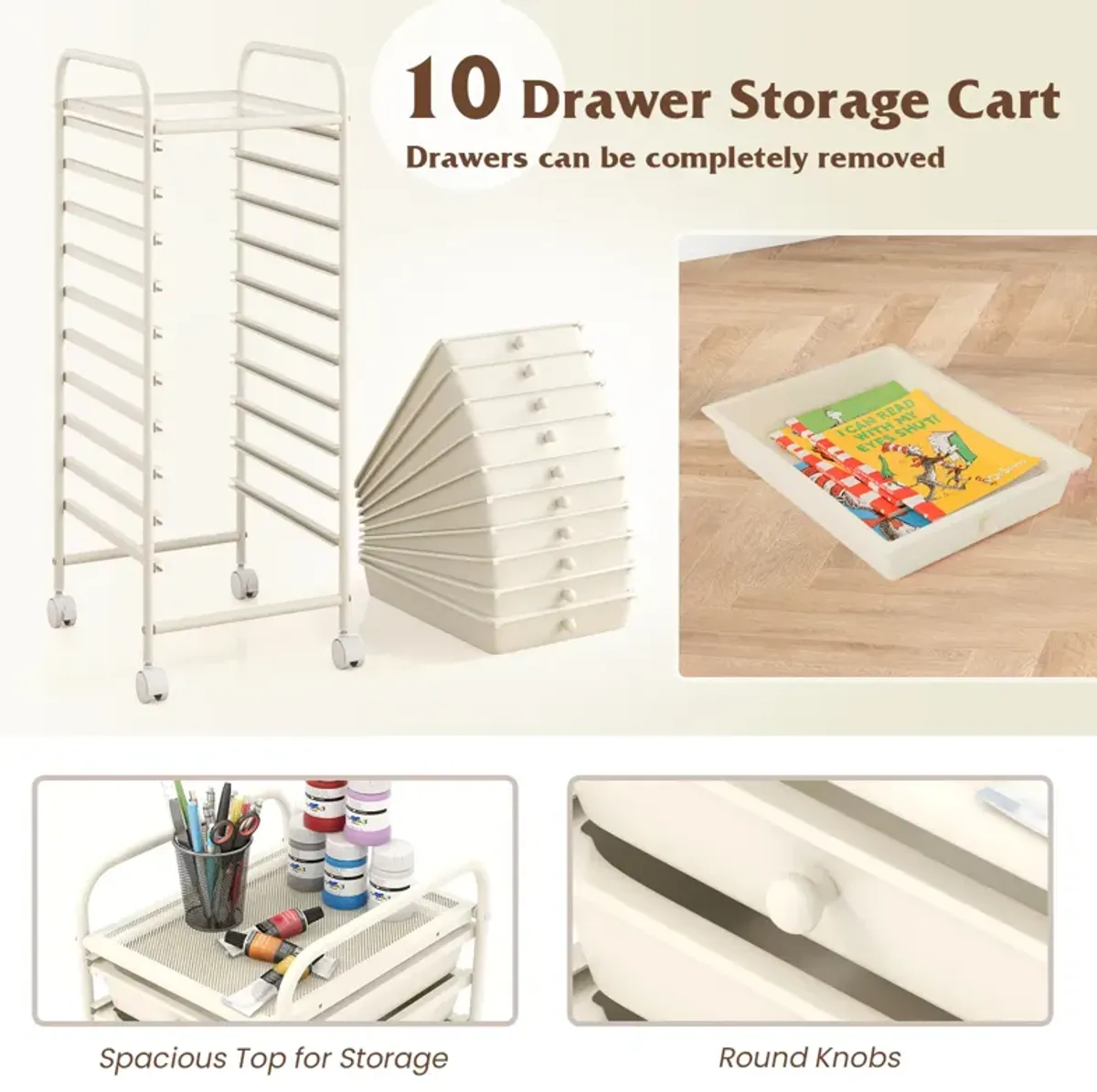 10 Drawer Rolling Storage Cart Organizer with 4 Universal Casters