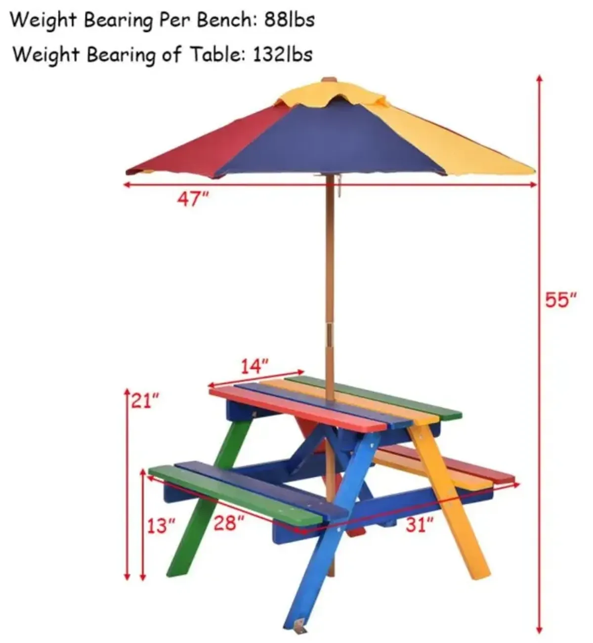 Hivvago Outdoor 4-Seat Kid's Picnic Table Bench with Umbrella