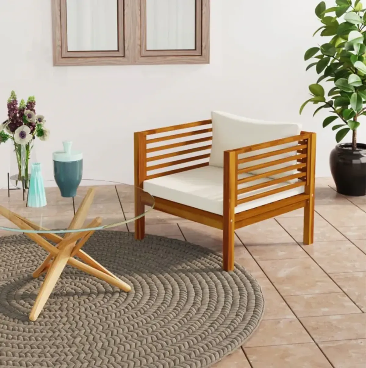 vidaXL Patio Chair with Cream White Cushions Solid Acacia Wood