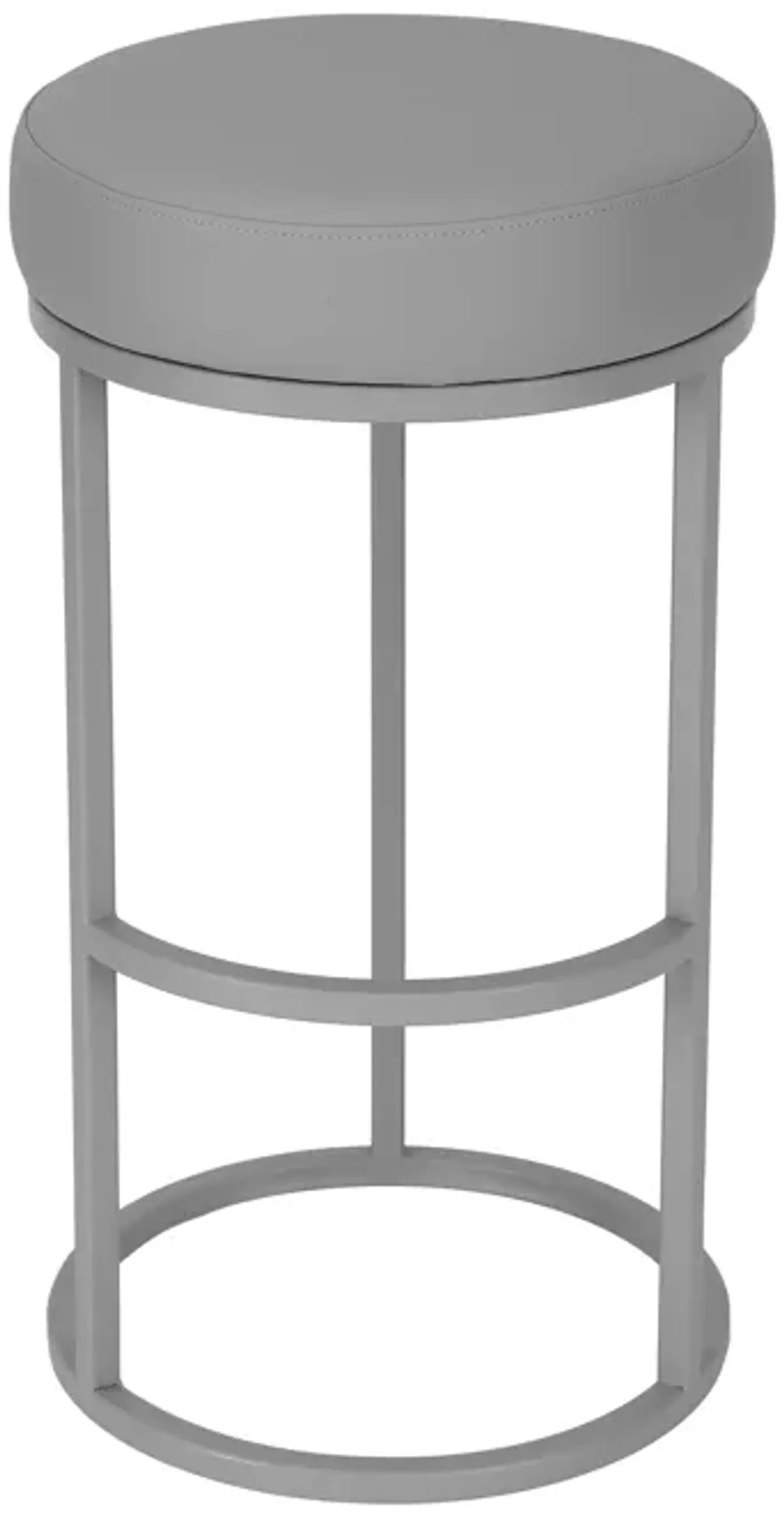 Tane 30 Inch Barstool, Round Gray Faux Leather Padded Seat, Gray Metal Base - Benzara