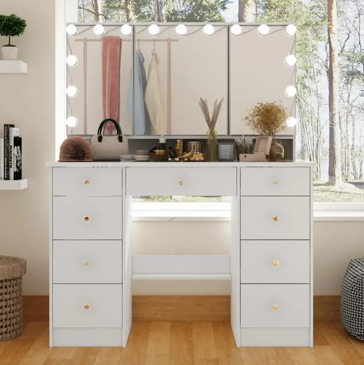 FUFU&GAGA Elegant Vanity Table with 9 Spacious Drawers and LED Mirror - 3 Lighting Modes (43.3”W x 19.7”D x 53.6”H),White