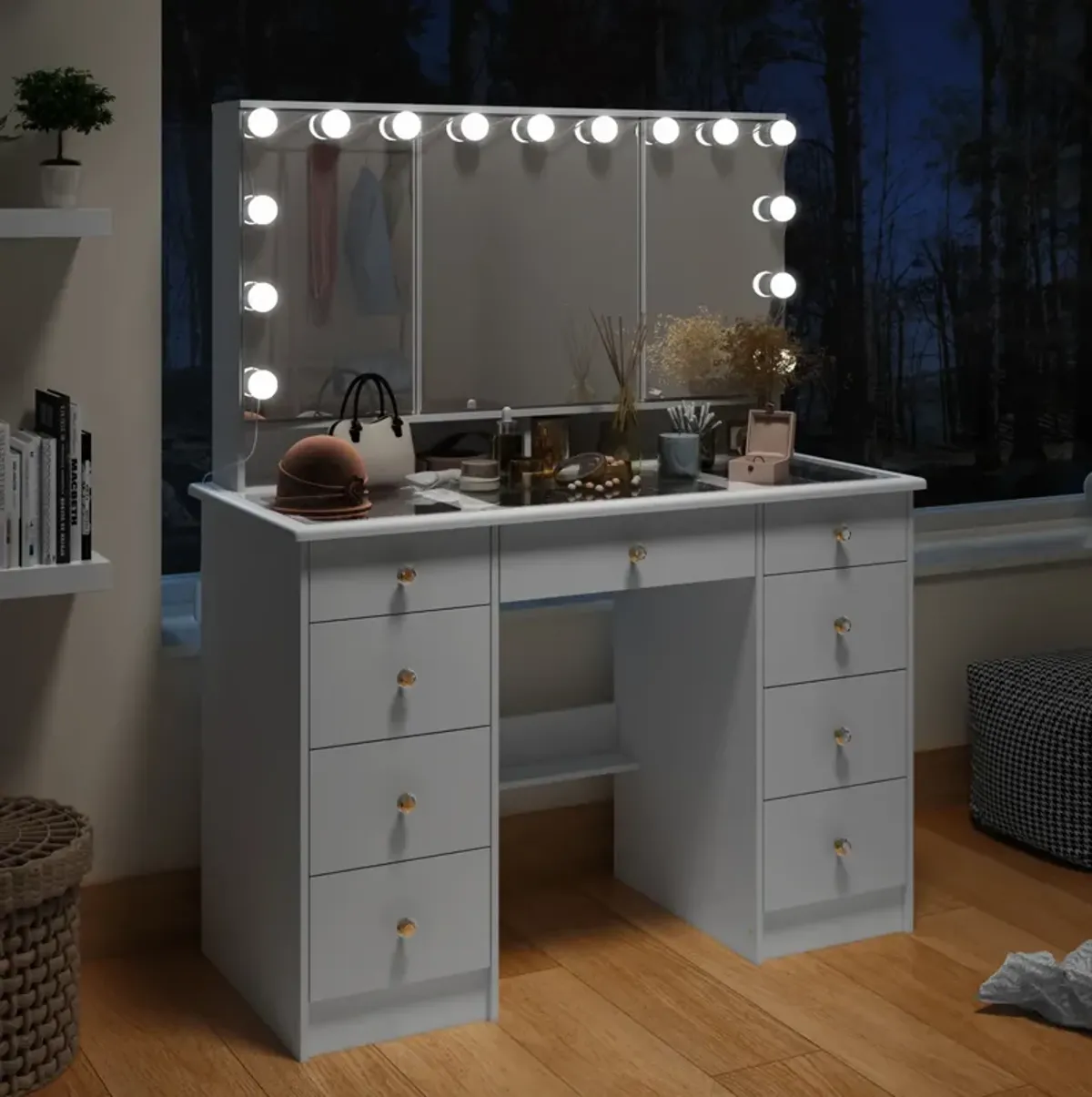 FUFU&GAGA Elegant Vanity Table with 9 Spacious Drawers and LED Mirror - 3 Lighting Modes (43.3”W x 19.7”D x 53.6”H),White