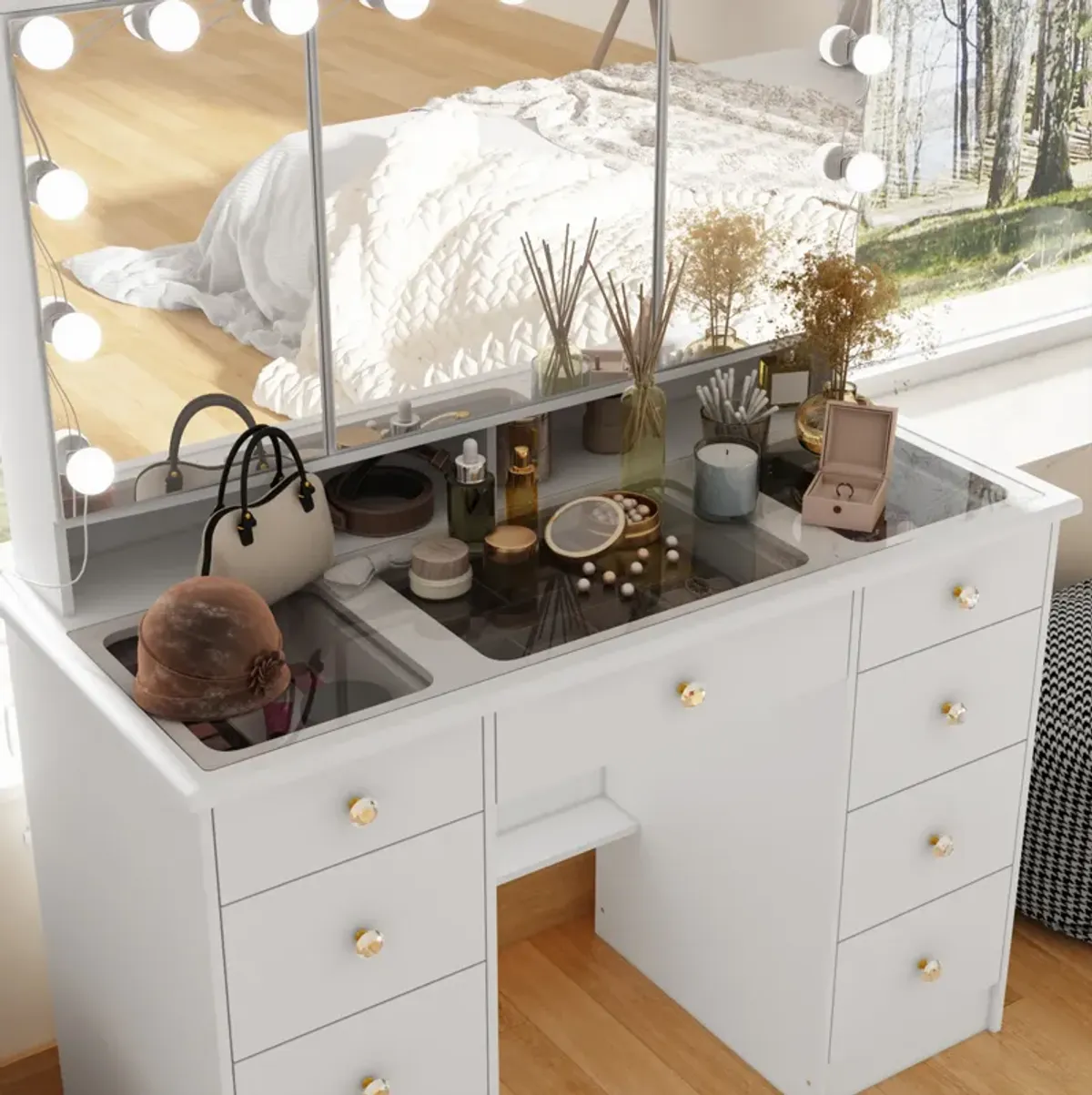 FUFU&GAGA Elegant Vanity Table with 9 Spacious Drawers and LED Mirror - 3 Lighting Modes (43.3”W x 19.7”D x 53.6”H),White