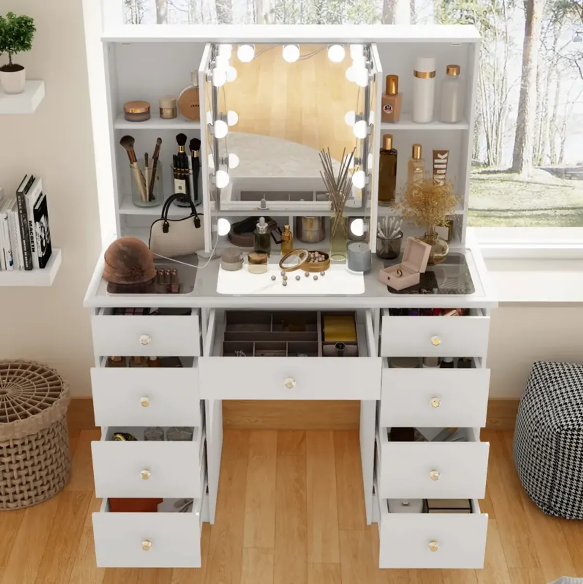 FUFU&GAGA Elegant Vanity Table with 9 Spacious Drawers and LED Mirror - 3 Lighting Modes (43.3”W x 19.7”D x 53.6”H),White