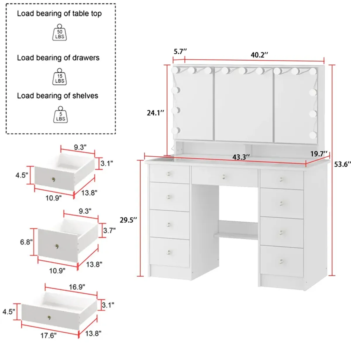 FUFU&GAGA Elegant Vanity Table with 9 Spacious Drawers and LED Mirror - 3 Lighting Modes (43.3”W x 19.7”D x 53.6”H),White