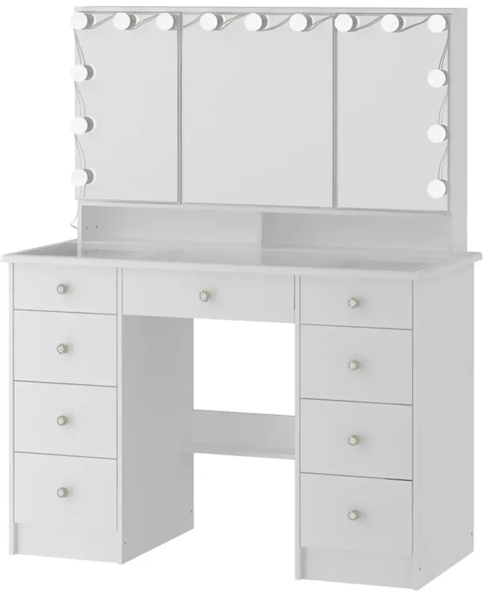 FUFU&GAGA Elegant Vanity Table with 9 Spacious Drawers and LED Mirror - 3 Lighting Modes (43.3”W x 19.7”D x 53.6”H),White