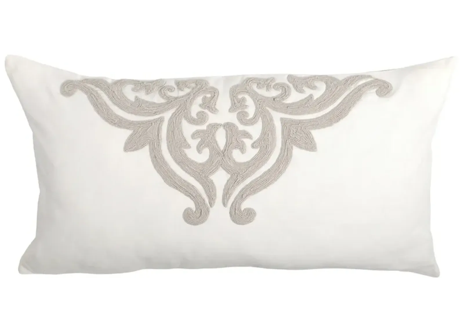 Lenz 20 X 36 Lumbar King Pillow Sham, Hand Stitched Ivory Damask Embroidery-Benzara