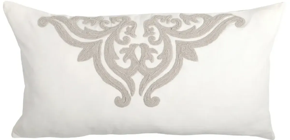 Lenz 20 X 36 Lumbar King Pillow Sham, Hand Stitched Ivory Damask Embroidery-Benzara