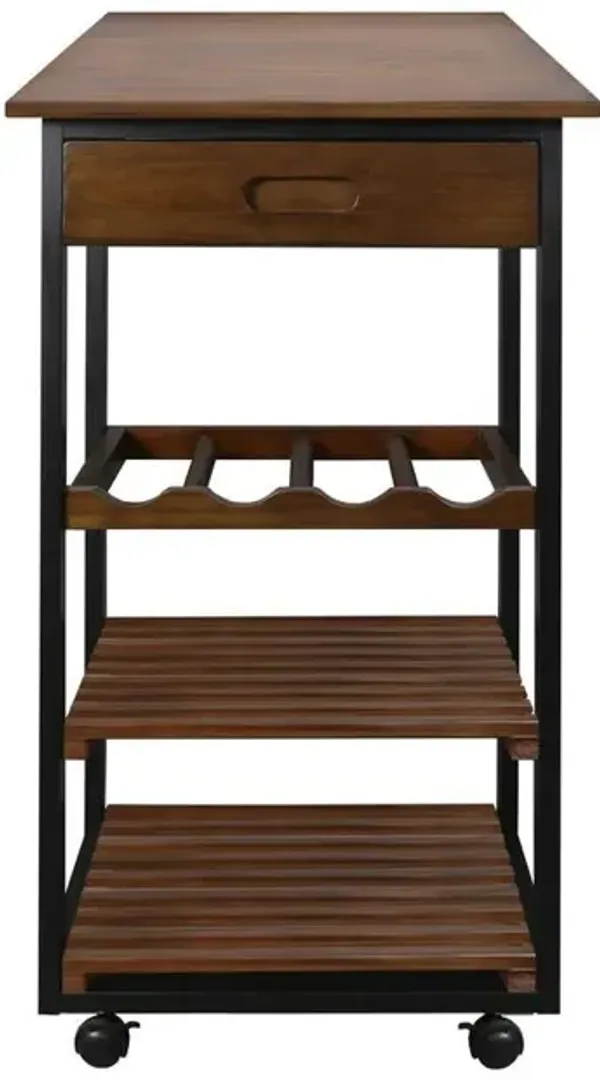 Solid Wood Small 4-Tier Rolling Kitchen Cart with Wine Rack and Drawer