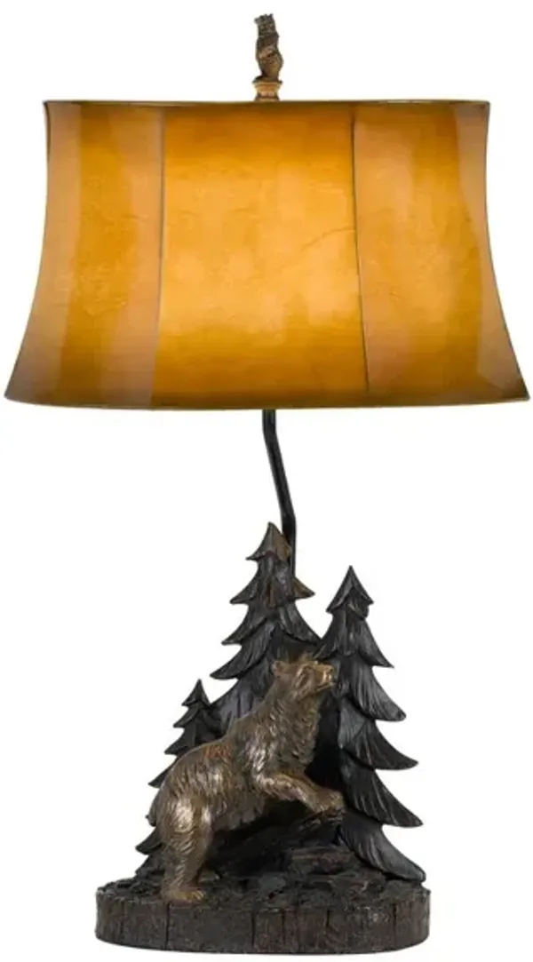 3 Way Resin Body Table Lamp with Forest and Bear Design, Brown and Black - Benzara