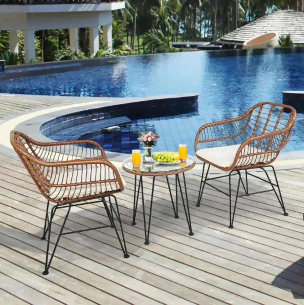 3 Pieces Patio Rattan Bistro Set with Cushion