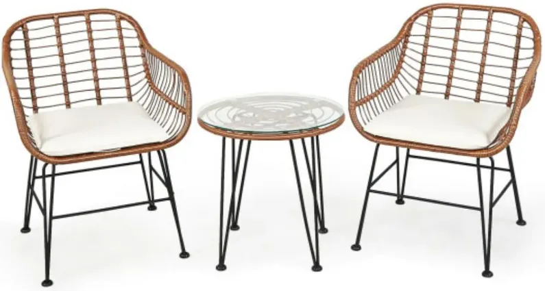 3 Pieces Patio Rattan Bistro Set with Cushion