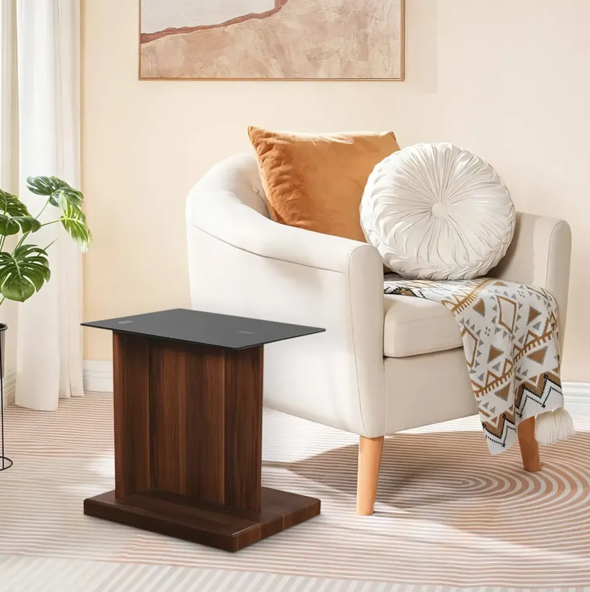 Liam 22 Inch Square Side End Table, Brown Wood, Pedestal Base, Glass Top-Benzara