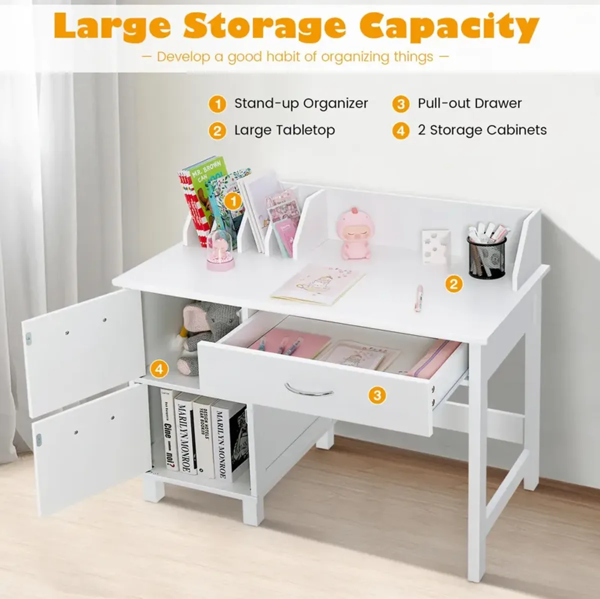 Kids Wooden Writing Furniture Set with Drawer and Storage Cabinet