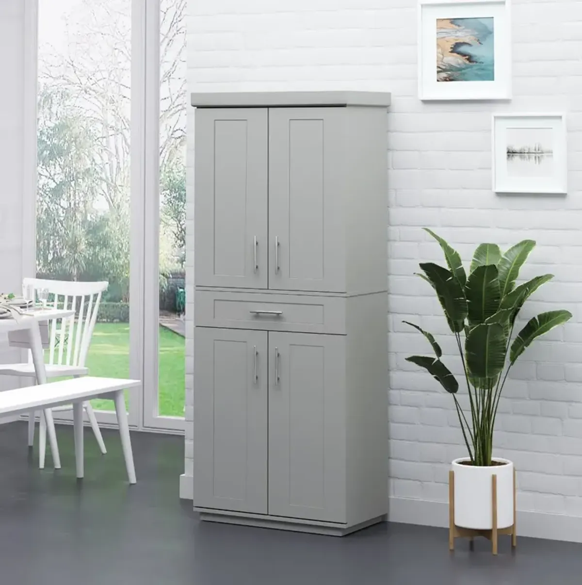 Gray Modern Pantry: Freestanding Cabinet with Doors, Drawer, and Shelves