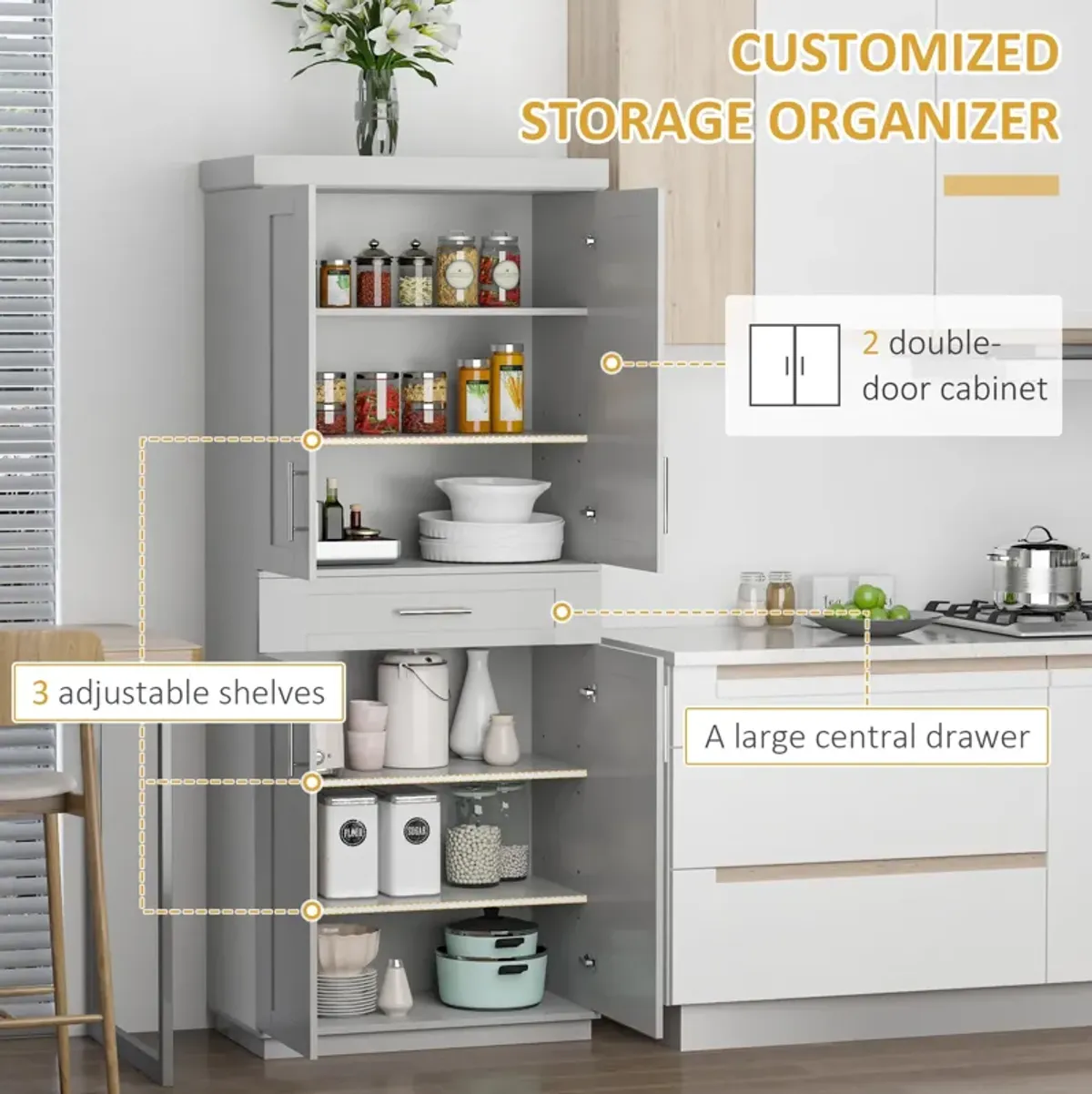 Gray Modern Pantry: Freestanding Cabinet with Doors, Drawer, and Shelves