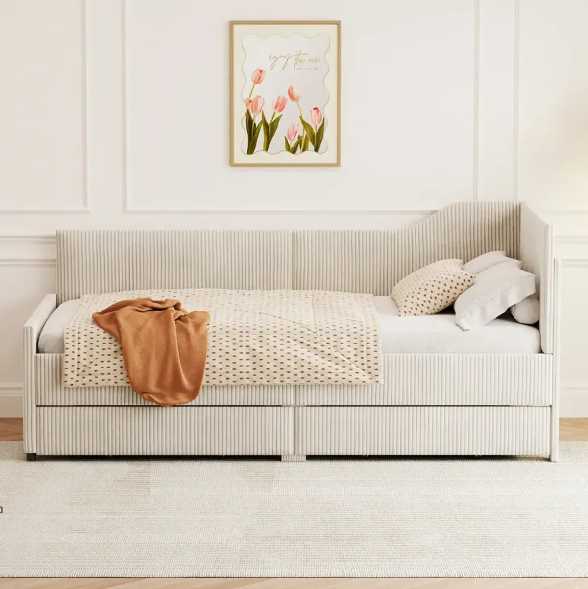 Merax L-Shaped Corduroy Daybed with 2 Storage Drawers