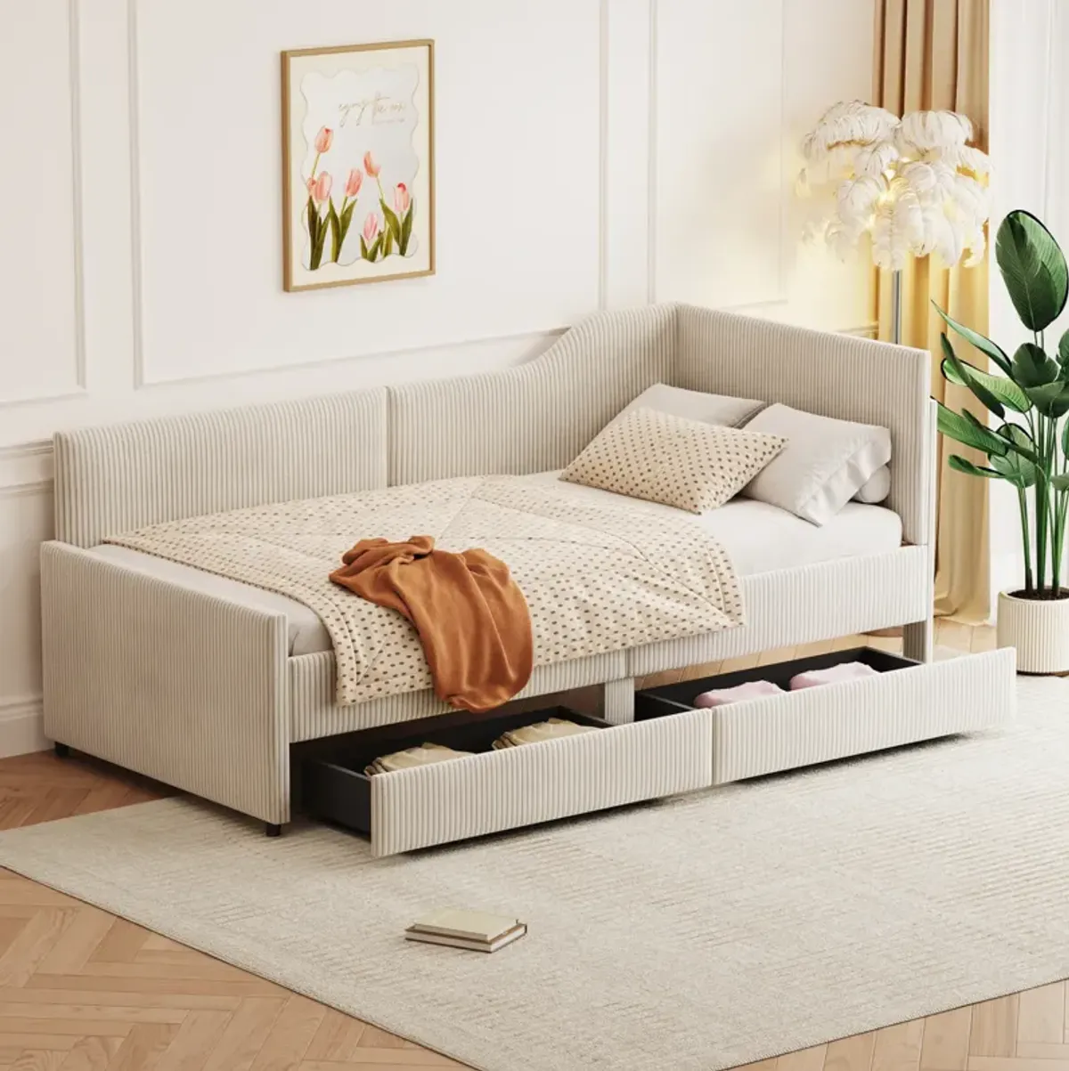 Merax L-Shaped Corduroy Daybed with 2 Storage Drawers